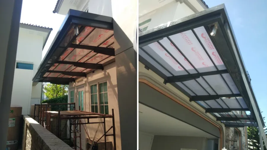 งานหลังคากันสาดหน้าบ้าน และกันสาดข้างบ้าน ปทุมธานี ขนาด ด้านหน้า 1.8x8.2 ม., ข้างบ้าน 5.7x2.0 ม.